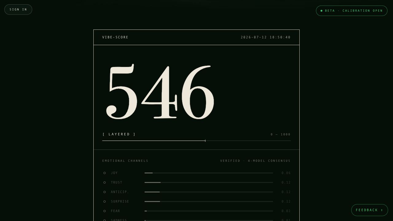 VibeScore result receipt showing a score of 546 and emotional channels